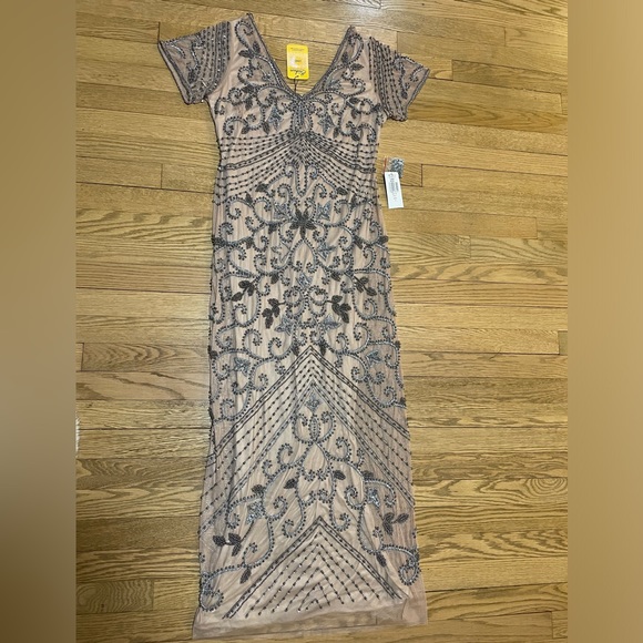 NWT PISARRO NIGHTS Beaded Rose Nude Mesh Longline Dress Red Carpet Evening Gown - Picture 11 of 13